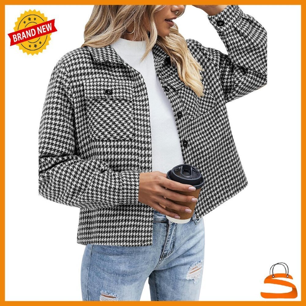 Cropped Flannel Shacket Jacket Plaid Button Down Casual Top Women's